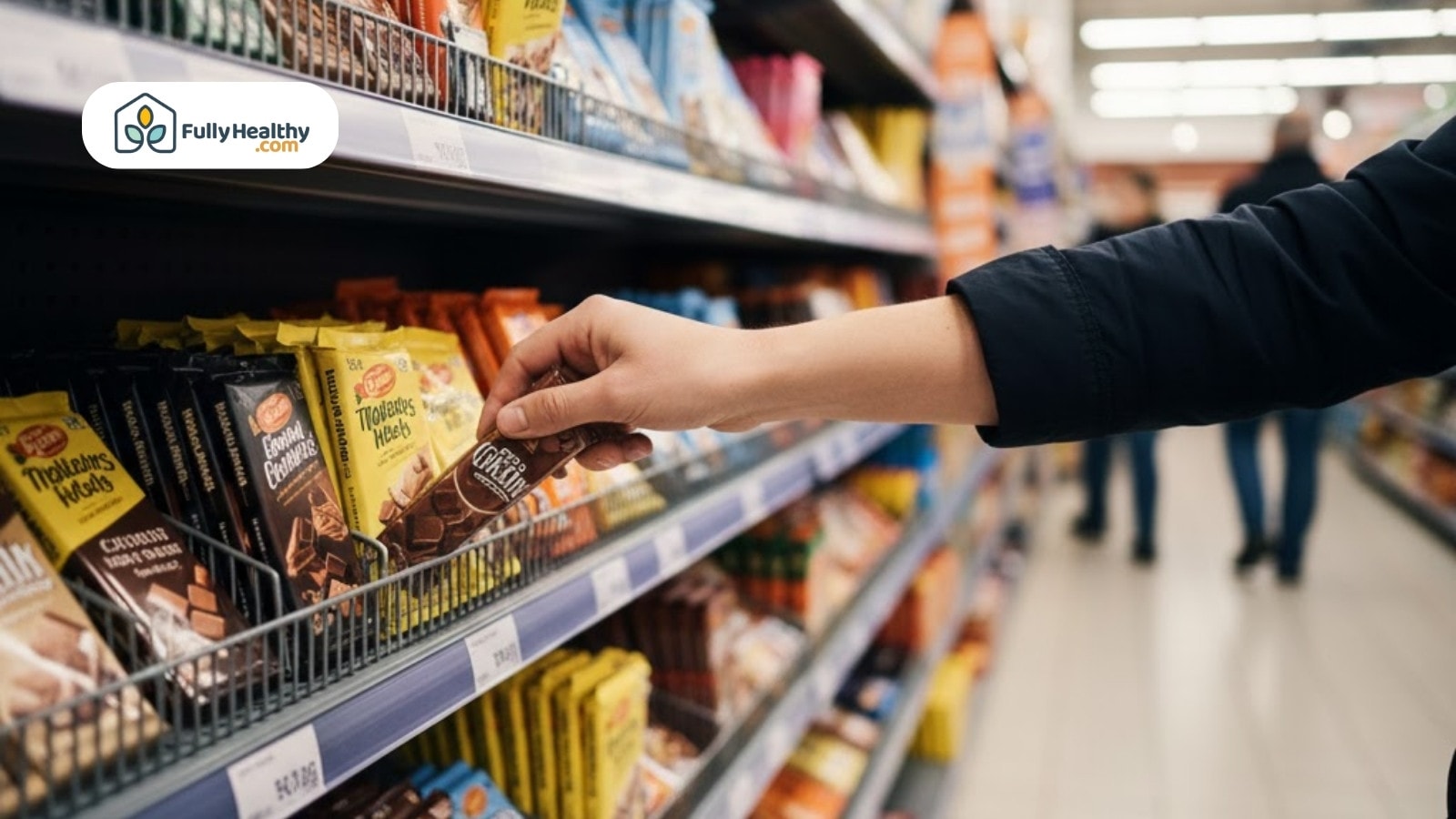 Person selecting a chocolate bar from a grocery store shelf filled with options