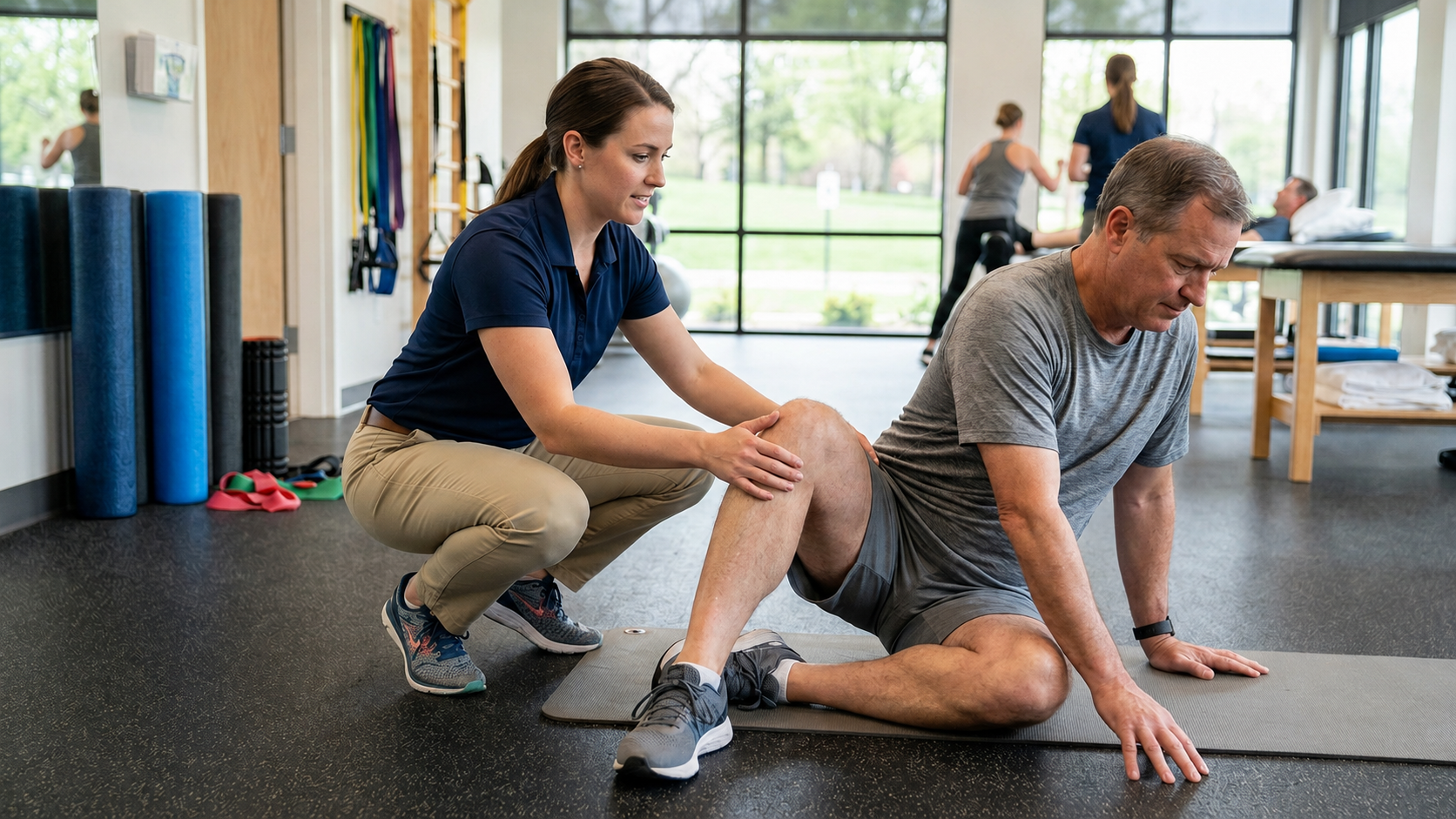 Physical therapist guiding a patient through a seated hip stretch