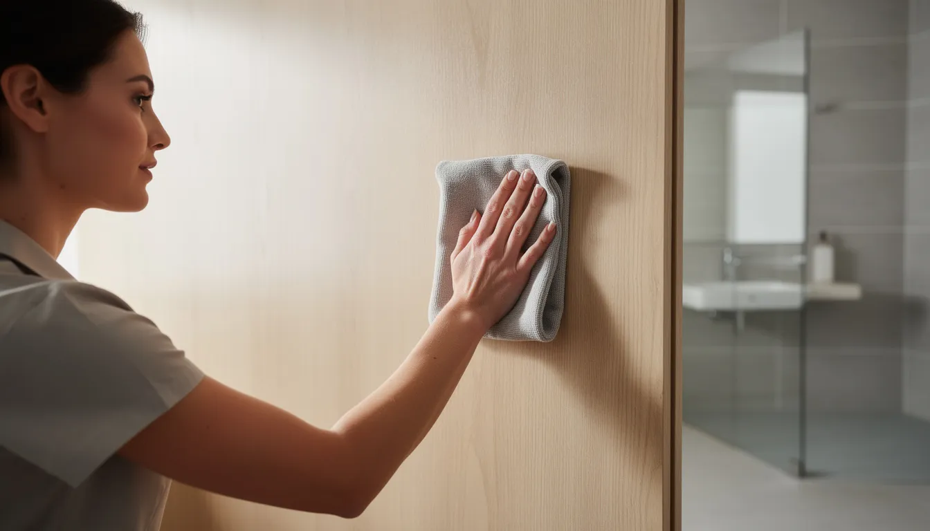 Een persoon is bezig met het schoonmaken van een lichte houtlook wandpaneel in een moderne badkamer met een zachte doek. Het paneel heeft een natuurlijke uitstraling en voegt een gezellige sfeer toe aan de ruimte.