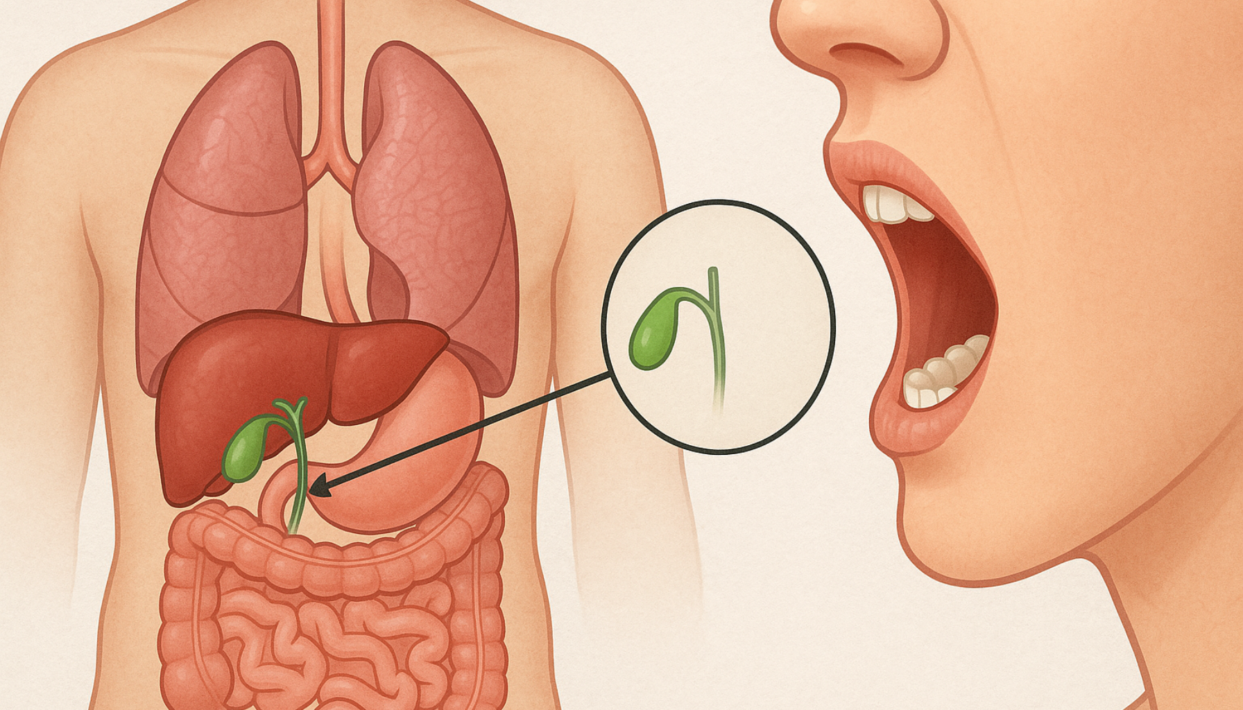 Medisinsk illustrasjon viser sammenheng mellom galleblæren og munnhulen i menneskekroppen"