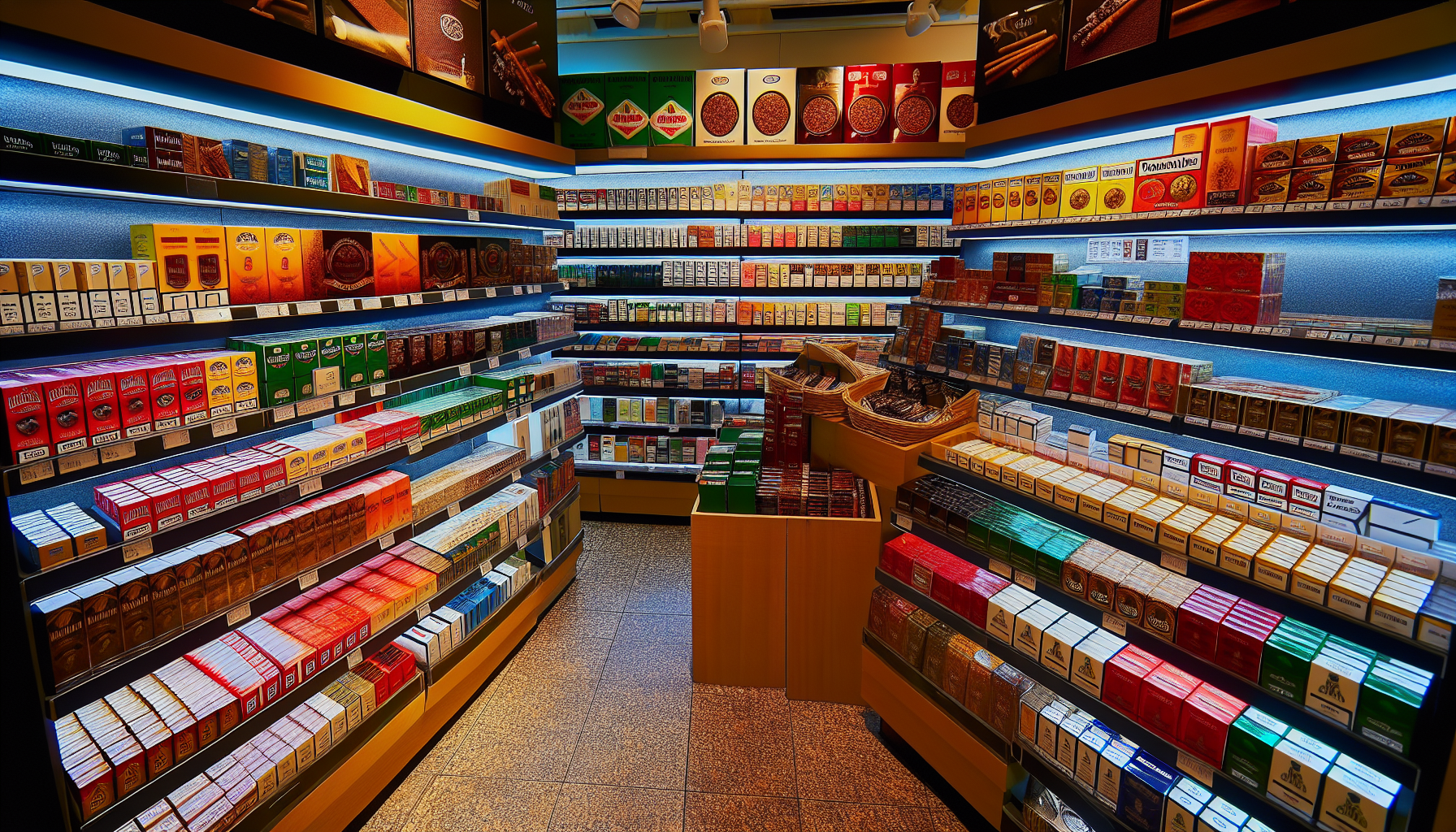 A colorful display of various tobacco products in a store