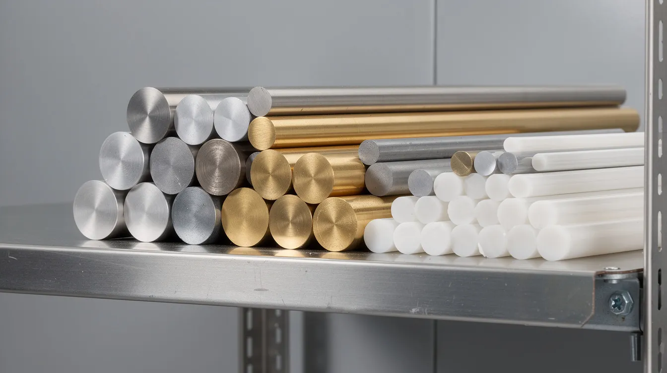An array of raw material billets and rods made from aluminum, stainless steel, brass, titanium, and white engineering plastic is neatly organized on a metal shelf, showcasing various materials suitable for precision CNC machining and custom components in industrial applications. The diverse selection highlights the excellent mechanical properties and corrosion resistance of these materials for use in manufacturing processes.