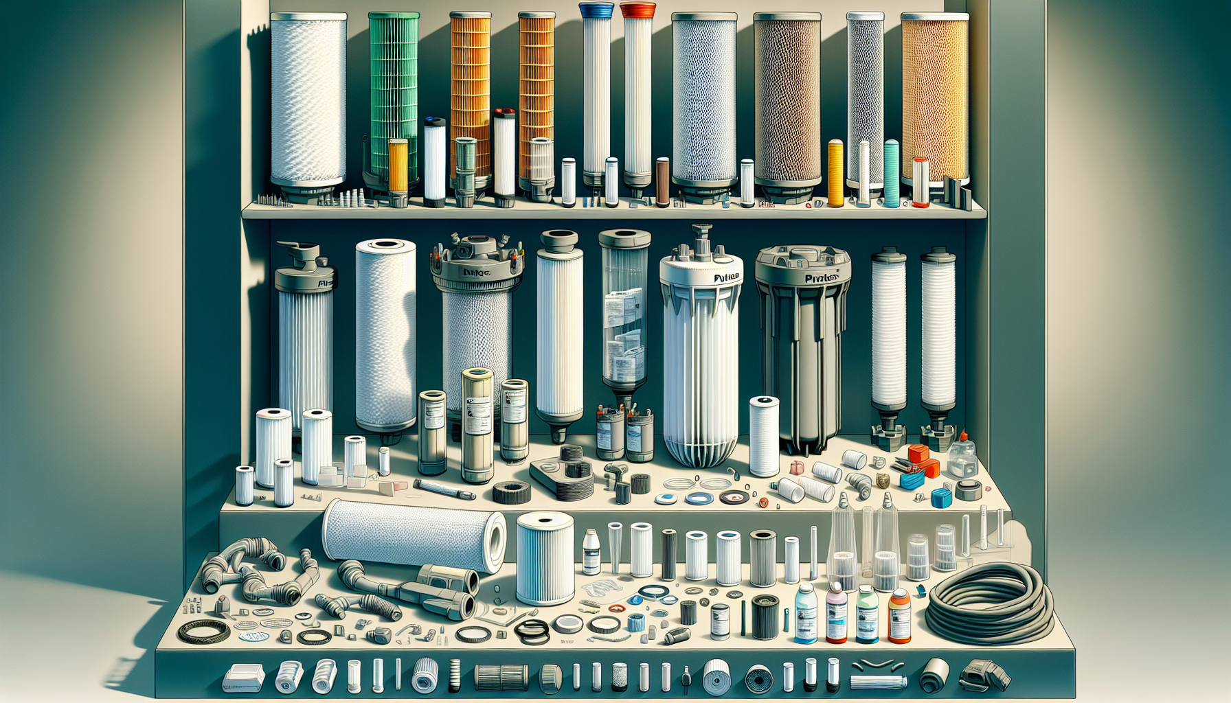Illustration of various replacement filter cartridges and accessories