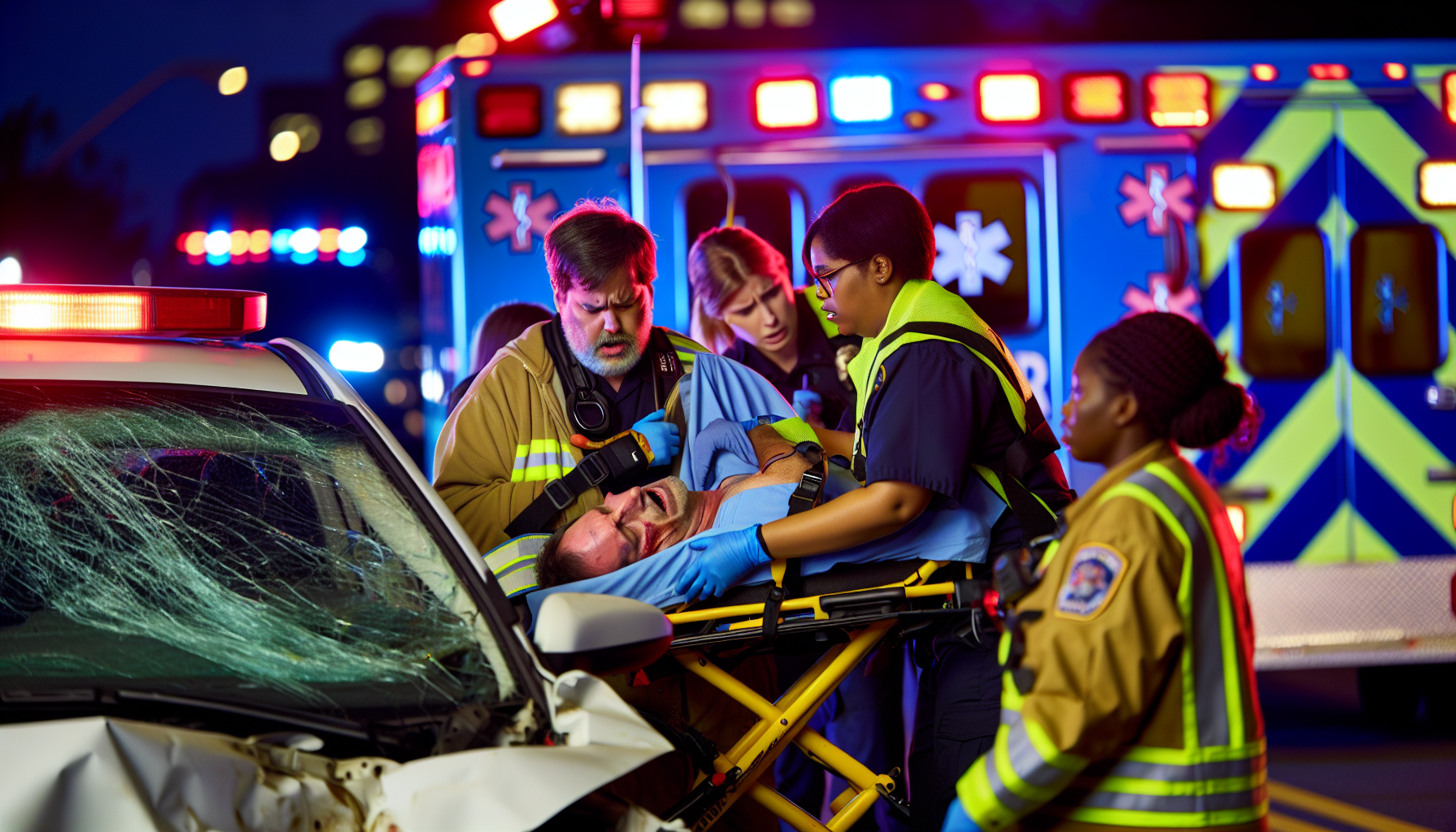 Car accident scene with injured person receiving medical aid