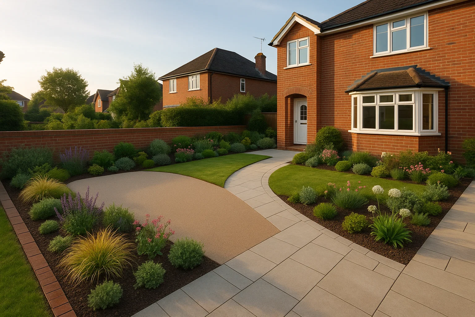 Modern garden and driveway design featuring resin driveway, fresh planting, and stone paths.