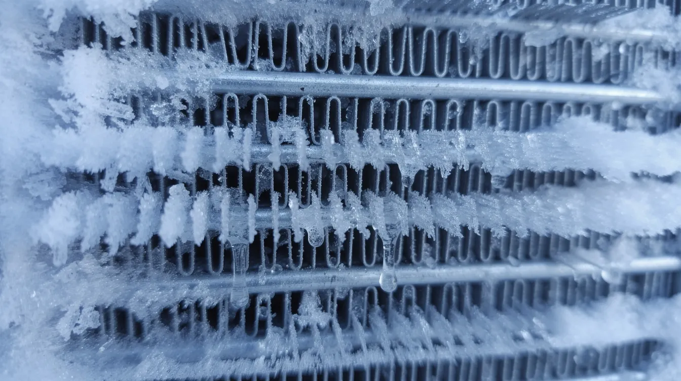 The image shows a close-up view of frost and ice buildup on the metal fins of an RV air conditioner's evaporator coil, indicating potential issues with proper airflow or humidity levels. This frost formation can affect the performance of the AC unit, emphasizing the importance of regular inspection and troubleshooting for optimal cooling.