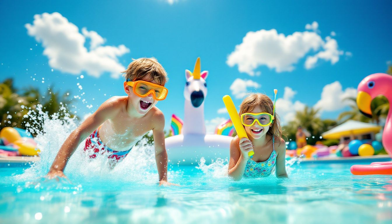 Kids diving for treasure in a swimming pool, enjoying creative and imaginative pool activities.