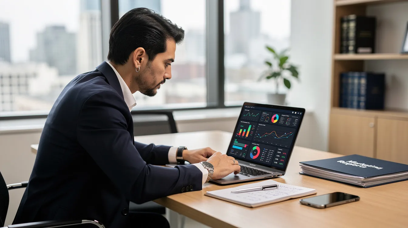 An attorney is focused on reviewing the digital marketing performance of their law firm on a laptop in an office setting, analyzing key metrics related to their PPC campaigns and ad spend. The screen displays data on conversion tracking and ad relevance, highlighting the importance of effective legal advertising strategies for attracting prospective clients.