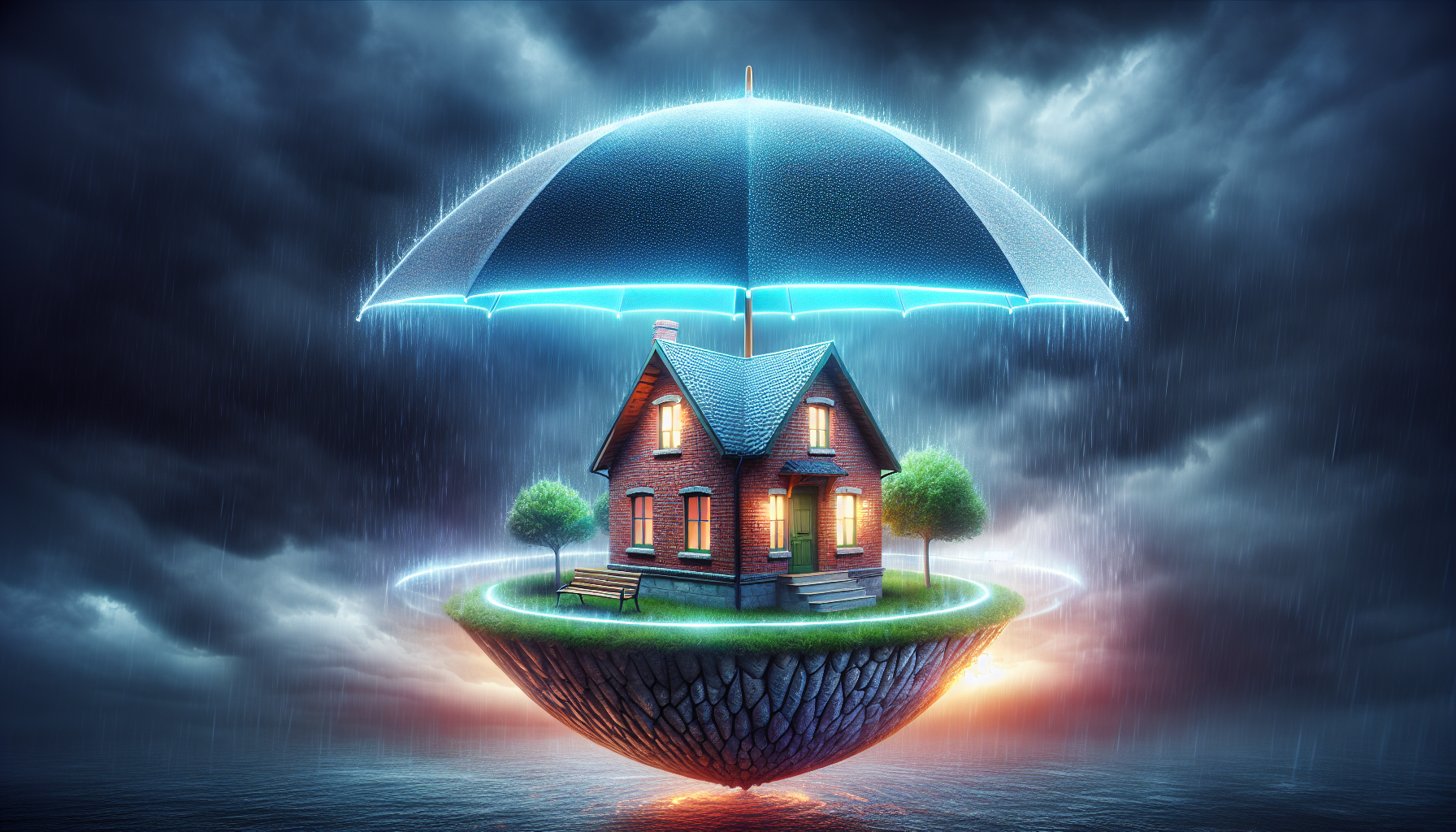 House protected by an umbrella symbolising comprehensive insurance coverage