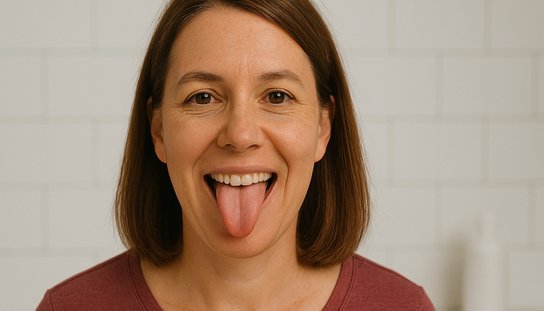 Tungehelse: Hva Tunga Forteller om Kroppen Din 14 Kvinne viser tunga med et smil i lyst baderom, sunn tungehelse og naturlig utseende fremhevet i nøytral bakgrunn.