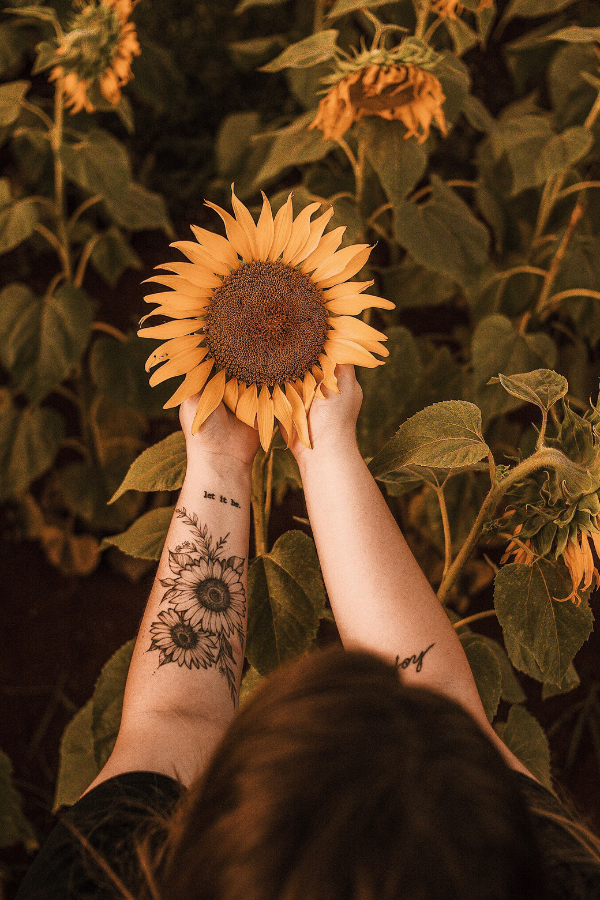 woman holding a sunflower with a sunflower tattoo on her left arm