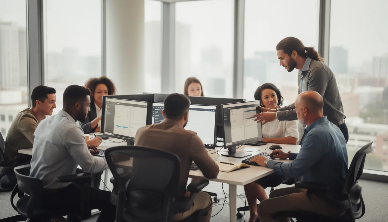 The image shows a group of team members actively participating in a hands-on training exercise at computer workstations, focusing on enhancing their cybersecurity skills to address emerging threats and strengthen their organization's defenses. This collaborative effort aims to develop critical skills necessary for cybersecurity personnel to effectively respond to vulnerabilities and risks in the industry.