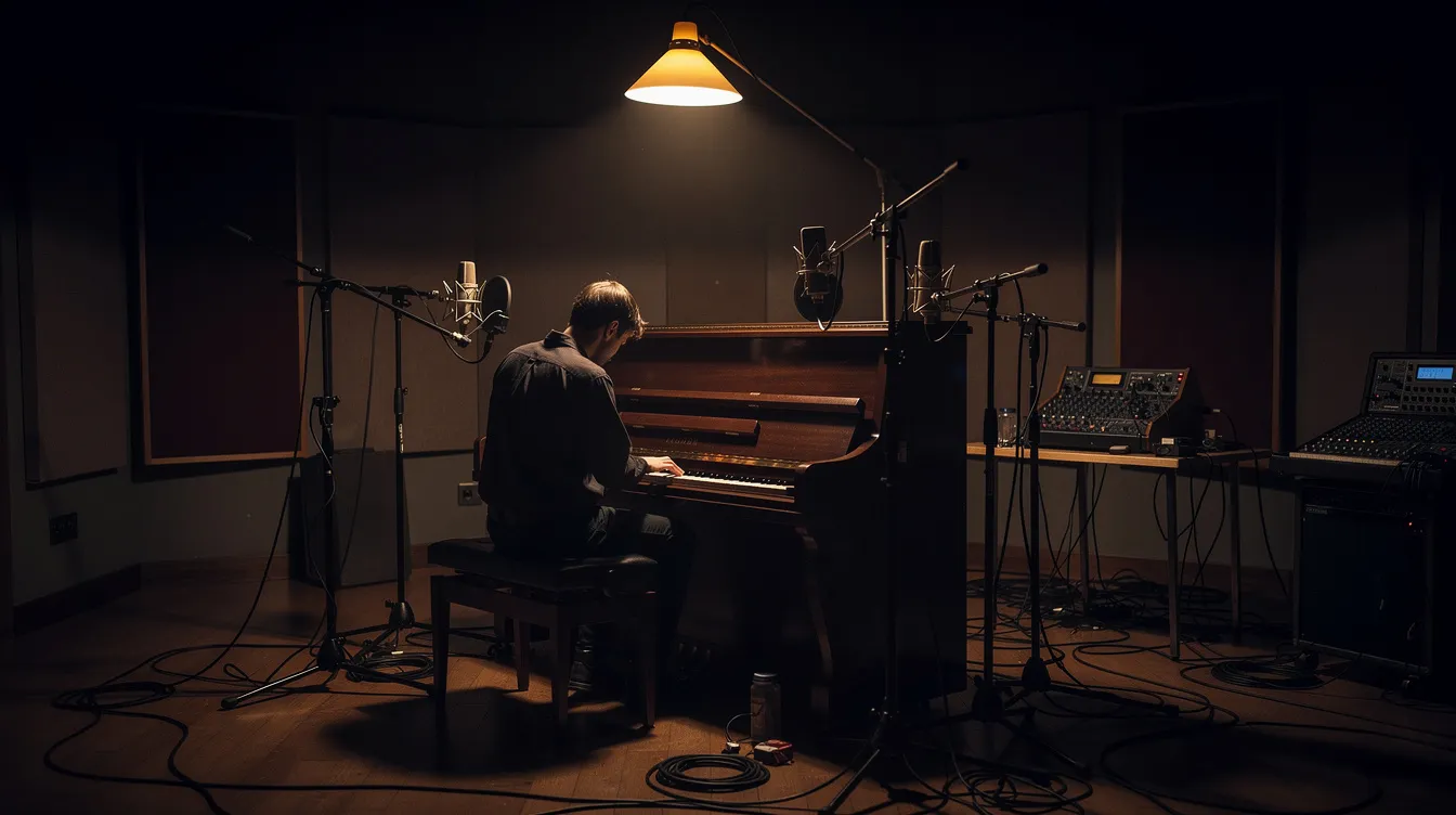 Ein Musiker sitzt allein an einem Klavier in einem dunklen Raum, der nur von einer einzelnen Lampe erleuchtet wird. Um ihn herum befinden sich Mikrofone und Aufnahmegeräte, die auf eine intensive kreative Arbeit hindeuten.
