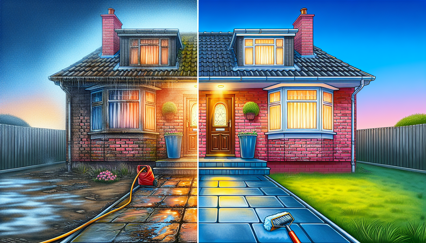 Illustration of curb appeal enhancement through pressure cleaning