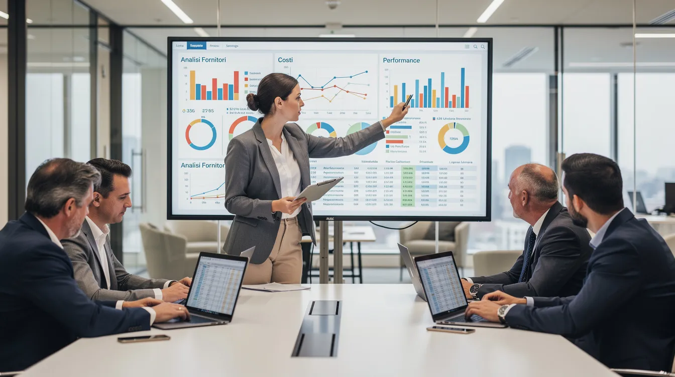 Un gruppo di professionisti del procurement sta analizzando dati su schermi in un ufficio moderno, utilizzando strumenti avanzati per la valutazione della qualità dei fornitori e l'ottimizzazione dei processi di approvvigionamento, con l'obiettivo di migliorare l'efficienza e ridurre i costi. L'uso di intelligenza artificiale e machine learning è evidente nella loro analisi in tempo reale.