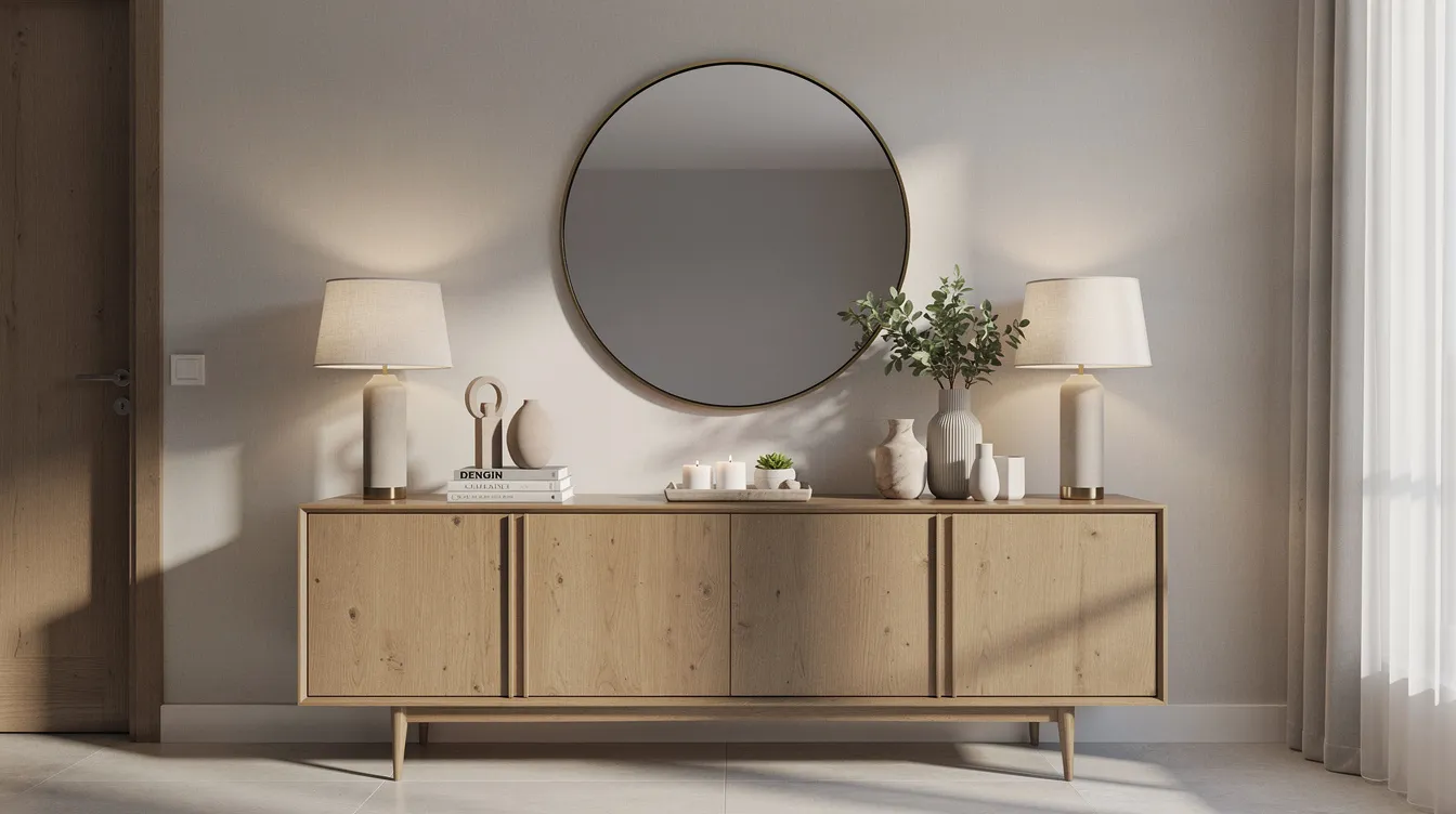 Een stijlvol dressoir met een grote ronde spiegel erboven, geflankeerd door twee tafellampen aan de uiteinden. Het blad is prachtig gedecoreerd met groepjes accessoires, waaronder een houten schaal, kleine plantjes en een paar boeken, wat een speels effect en karakter aan het geheel geeft.