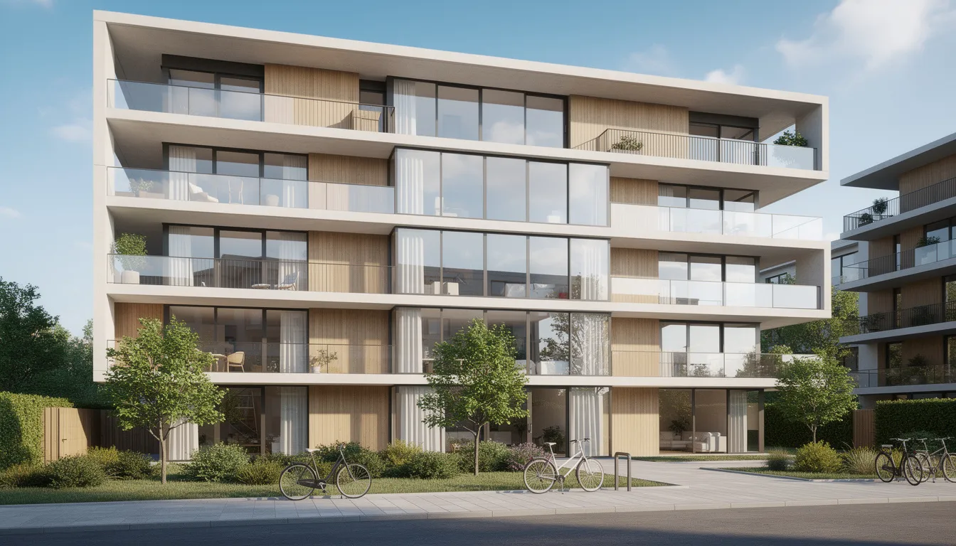 Nowoczesny budynek mieszkalny z dużymi oknami i balkonami, położony w malowniczej części Warszawy, w dzielnicy Żoliborz. Wnętrza oferują przestronne, jasne mieszkania, idealne na wynajem dla osób szukających komfortowego lokum.