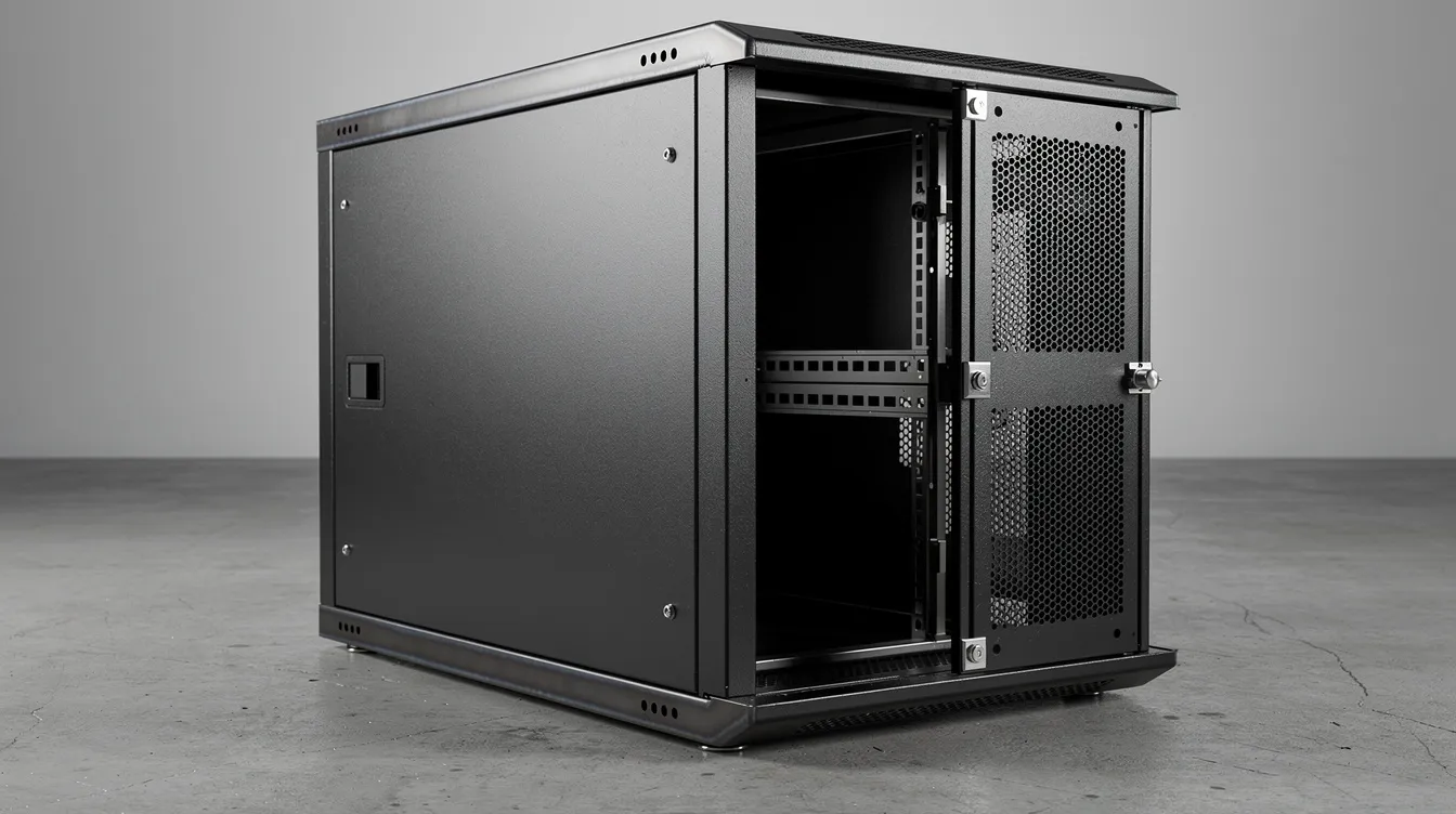 The image depicts a finished welded steel server rack enclosure featuring clean weld seams and a smooth powder-coated surface, showcasing precision sheet metal fabrication techniques. The enclosure demonstrates high-quality sheet metal welding, likely utilizing MIG or TIG welding methods for optimal strength and aesthetics.