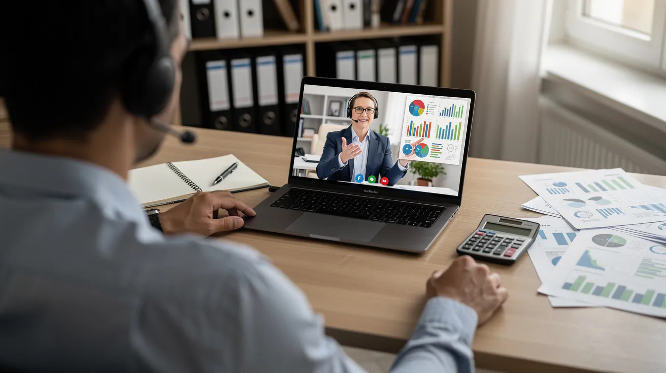 A chartered accountant is explaining financial charts and cash flow statements to a small business owner during a video call on a laptop, focusing on key aspects of their business plan and financial projections for a potential bank loan. The scene highlights the importance of detailed financial documents and project reports in securing funding for small businesses.