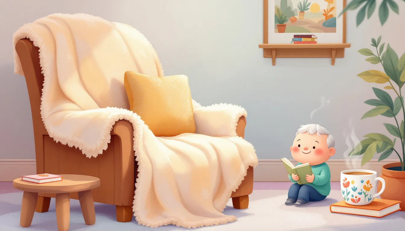 Cozy essentials for grandparents, including blankets and coffee mugs.