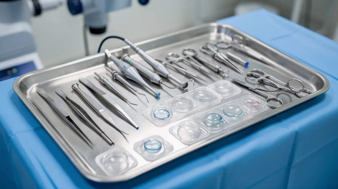 A sterile tray in an eye hospital operating theatre displays various surgical instruments and intraocular lenses, essential for performing high-quality cataract surgeries and refractive surgery. This setup reflects the commitment to maintaining high standards in eye care and ensuring patient safety during operations.
