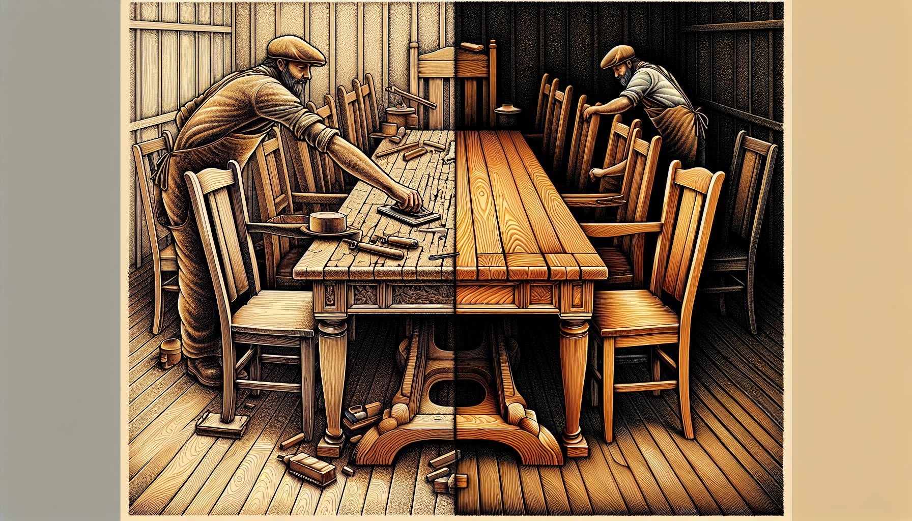 Illustration depicting the process of refinishing a solid wood dining table, showcasing its adaptability and practical benefits