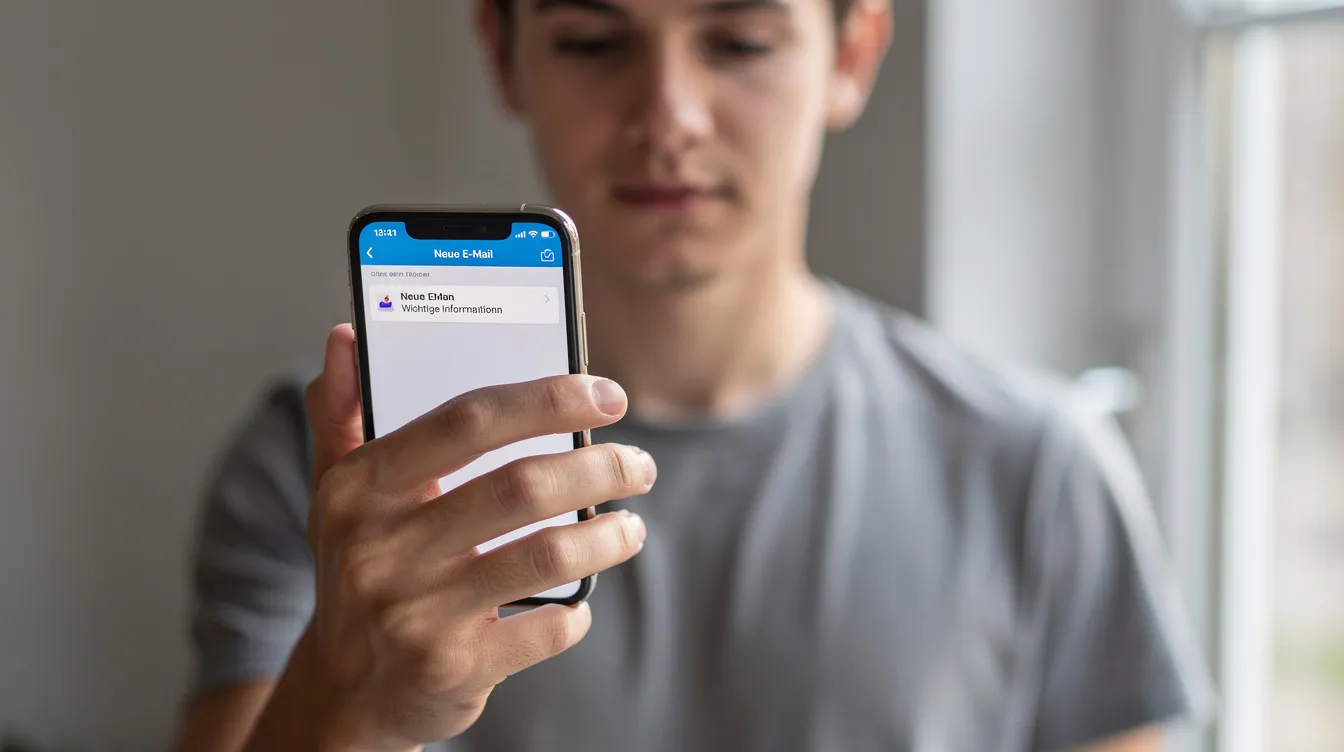 Eine Person sitzt an einem Tisch und schaut auf ihr Smartphone, während sie eine E-Mail-Benachrichtigung prüft. Im Hintergrund sind unscharf einige Gegenstände zu sehen, die eine alltägliche Umgebung andeuten.