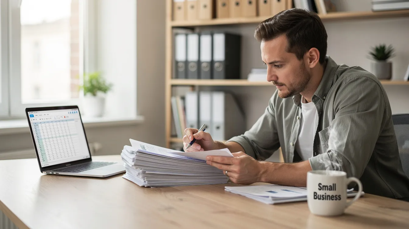 A small business owner is seated at a desk, carefully reviewing paperwork alongside a laptop and a cup of coffee. This scene captures the essence of business management, highlighting the importance of financial planning and loan applications for small enterprises.