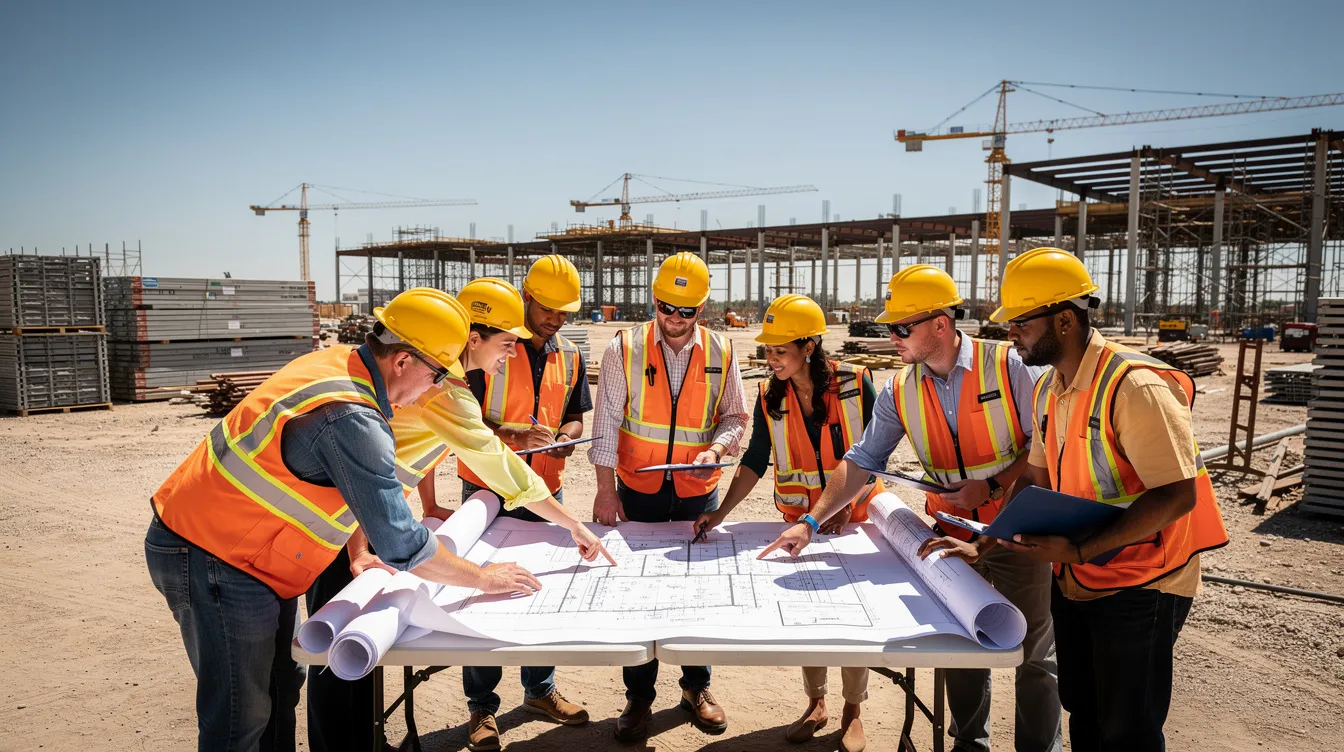 A group of construction workers, equipped with hard hats and safety vests, are intently reviewing blueprints at a bustling commercial job site under the bright Texas sun. This scene highlights the importance of skilled labor in the construction industry and the need for effective staffing strategies to meet project demands.