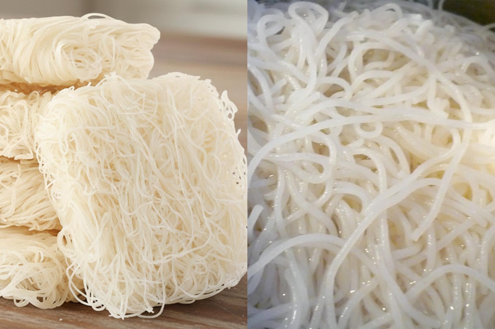 A side-by-side comparison showing bundles of dry rice vermicelli on the left and softened, cooked noodles on the right.