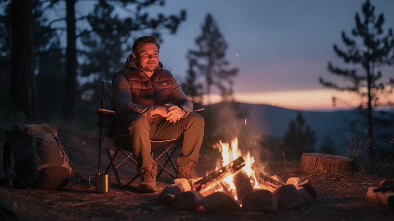 A person is sitting comfortably in a camping chair by a glowing campfire at dusk, wearing a Montbell Superior Down Vest for warmth. The scene captures the essence of outdoor activities, showcasing the insulated vest as an ideal outer layer for chilly evenings.