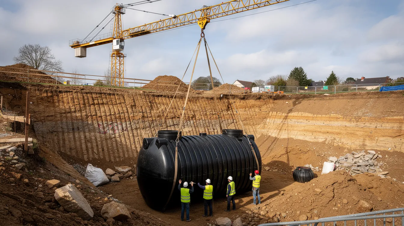 Des ouvriers sont en train de positionner une grande cuve en polyéthylène dans une excavation, avec une grue de chantier visible en arrière-plan. Cette installation fait partie d'un projet d'assainissement non collectif, visant à mettre en place une micro station d'épuration pour le traitement des eaux usées.
