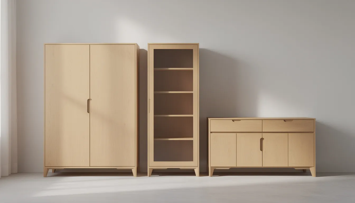 Drie verschillende kasten zijn naast elkaar te zien: een hoge landelijke buffetkast, een slanke vitrinekast met glazen deuren en een laag dressoir, allemaal uitgevoerd in dezelfde warme houttint. Deze stijlvolle meubels bieden opbergruimte en zijn perfect voor het uitstallen van het mooiste servies in een landelijk interieur.