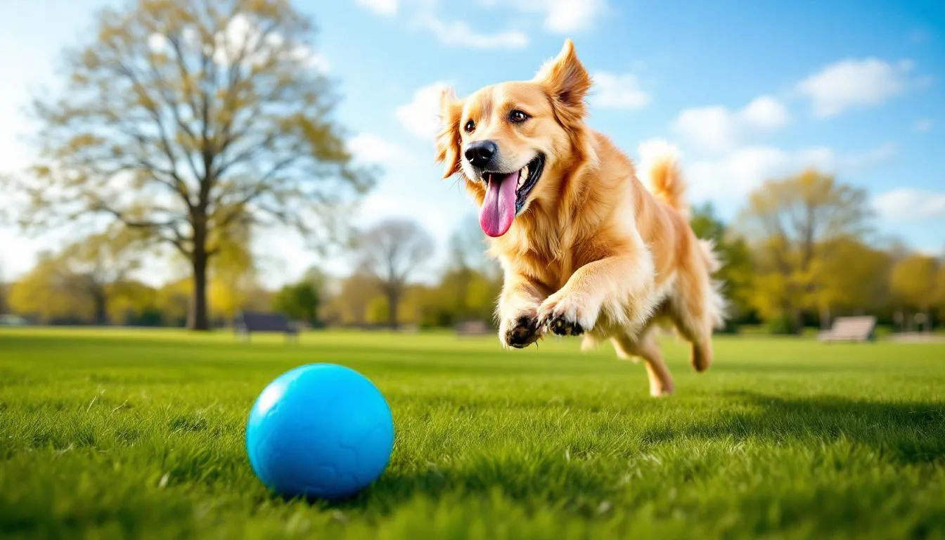 A golden retriever joyfully plays with a bright blue ball on the lush green grass of a park, showcasing the dog