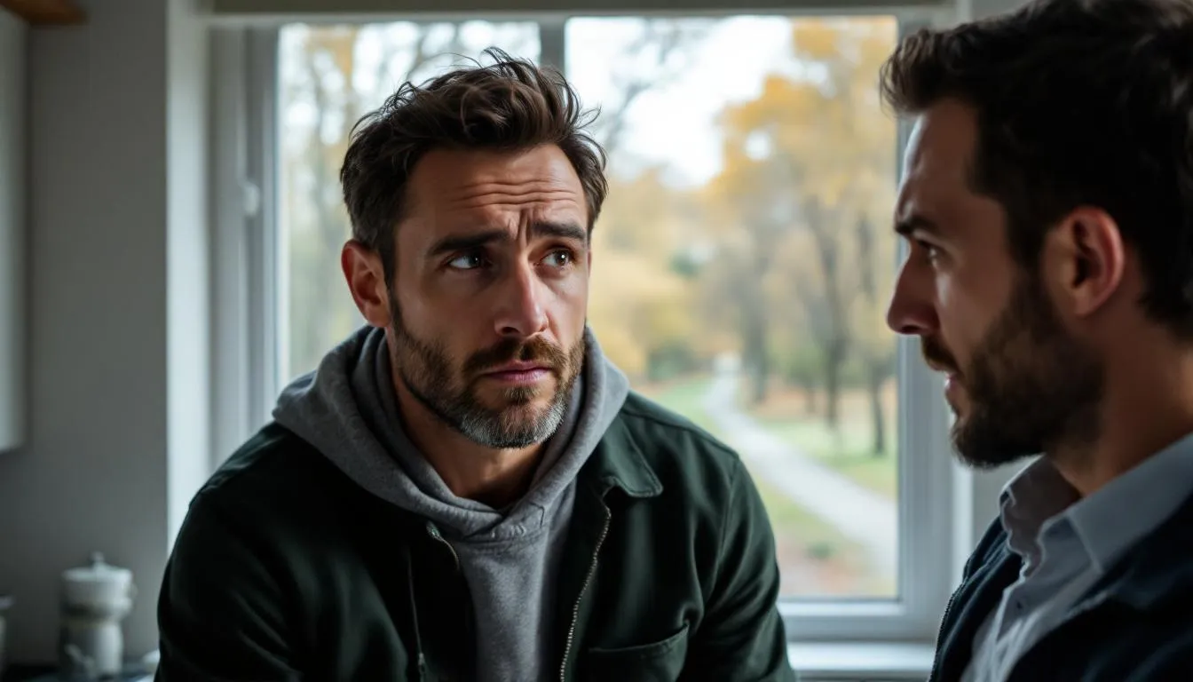 In a candid photograph, a selfish husband is seen doing household chores in Brooklyn, while his husband looks on with a disappointed expression, highlighting the emotional strain of one-sided contributions in their relationship. The lush greenery of Prospect Park serves as a backdrop, emphasizing the contrast between their surroundings and the tension in their dynamic.