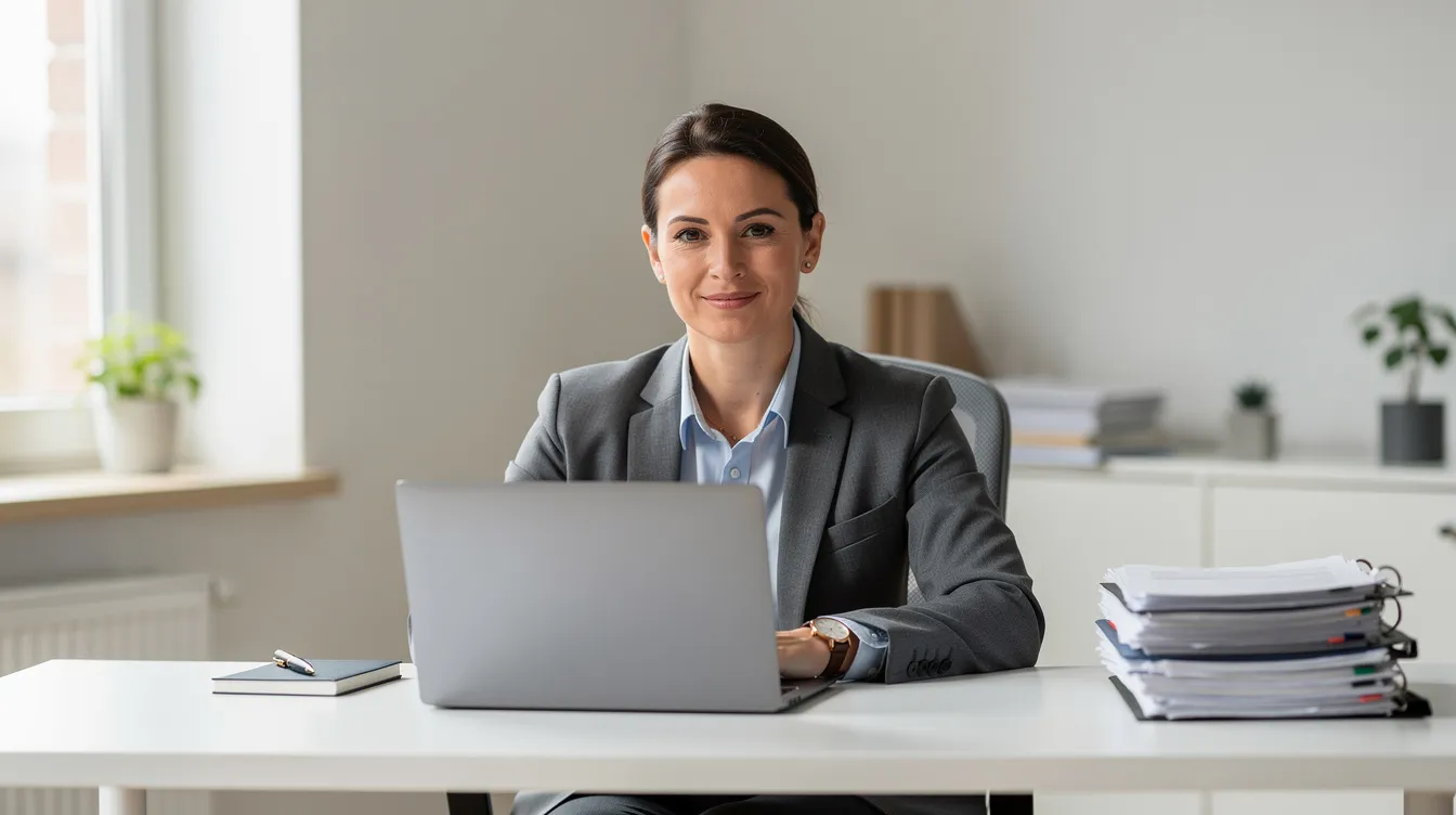 The image shows a small business owner seated at a desk, surrounded by a neat stack of documents, including a loan application form and bank statements, while working on a laptop. This setup reflects the essential paperwork and digital tools necessary for managing a business, potentially in the context of applying for a Mudra loan or other financial support.