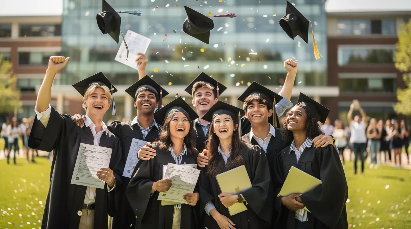 The image depicts a group of happy students celebrating their academic achievements, showcasing their joy and camaraderie after receiving positive results. Their expressions reflect the culmination of hard work and dedication. Secure your success through our BSN Capstone Project Help.