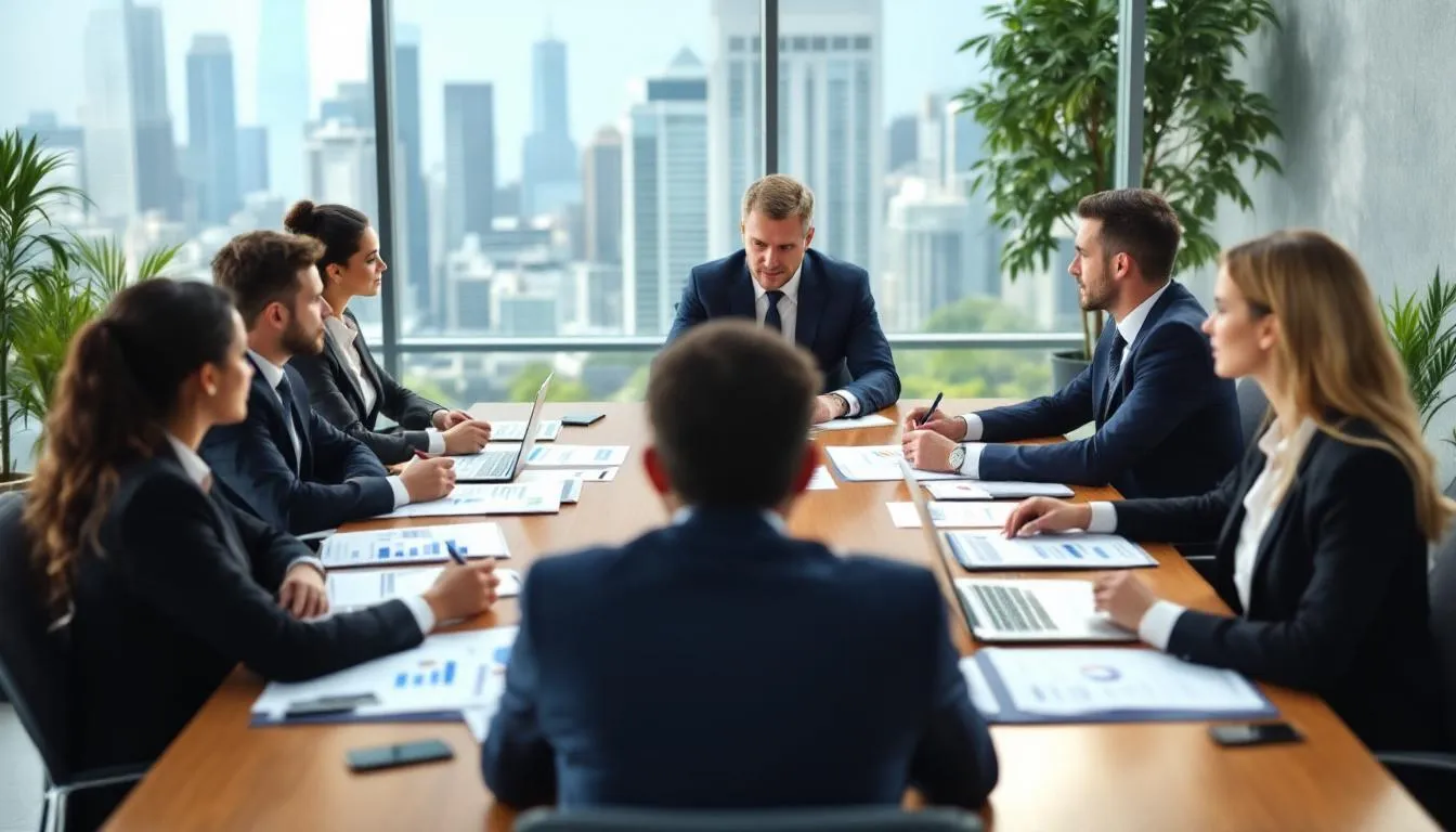 A group of business professionals is collaborating around a conference table, reviewing financial documents related to investment banking and private equity. They are engaged in discussions about capital raising and financial transactions, highlighting the importance of advisory services in the investment business.