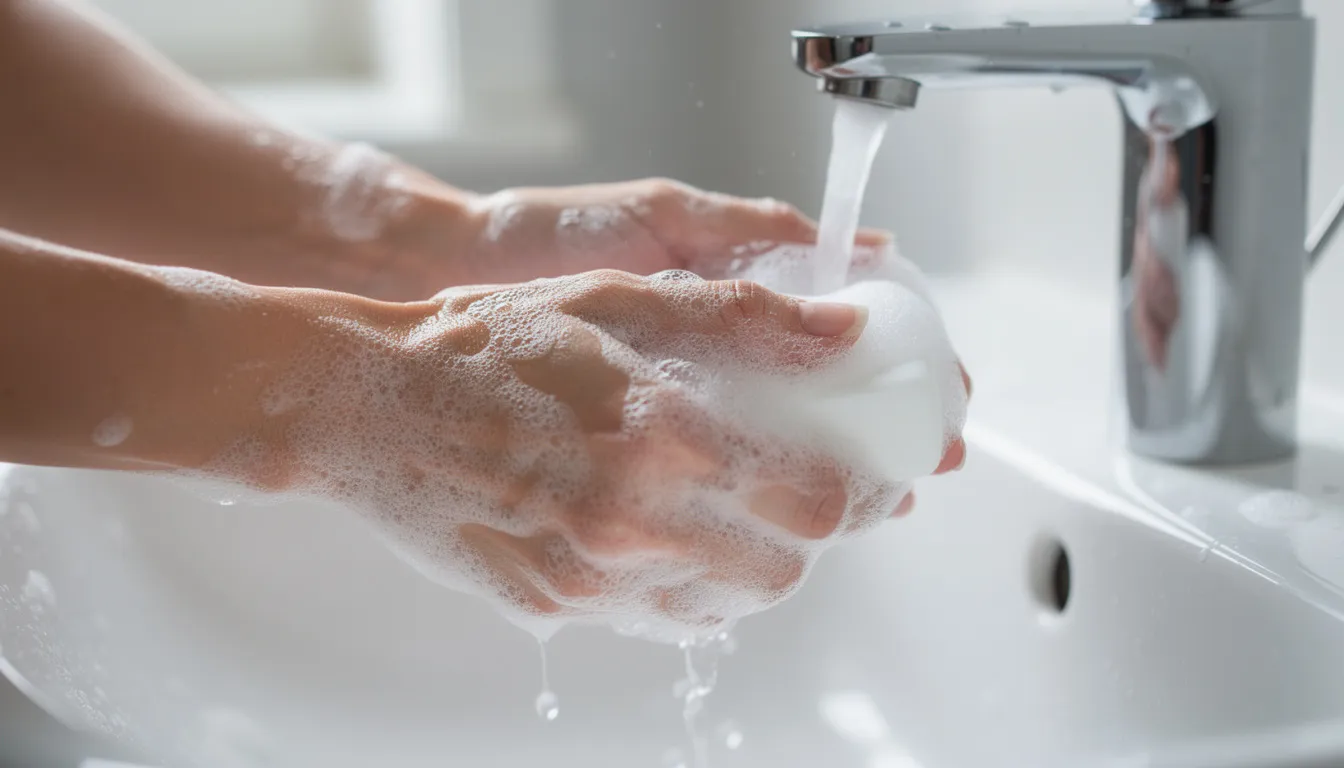 A close-up image shows wet hands being washed with a bar of soap under running water, emphasizing the importance of hand hygiene to prevent the spread of germs and illness, such as seasonal flu. The soap is being scrubbed thoroughly, highlighting the need for effective hand washing to remove bacteria and viruses.