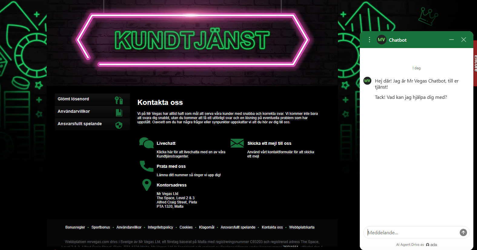 Mr Vegas kundtjänst med livechatt, e-post och möjlighet att lämna sitt nummer för att bli uppringd.