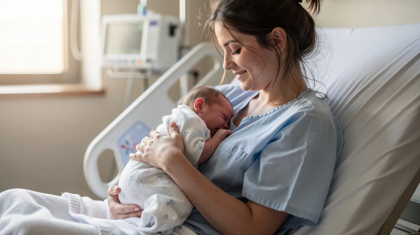 The image depicts a mother tenderly cradling her newborn baby in a hospital room, highlighting the intimate bond between them during this crucial moment. This scene reflects the importance of health care professionals in ensuring safe deliveries and the potential implications of medical malpractice in birth injuries.