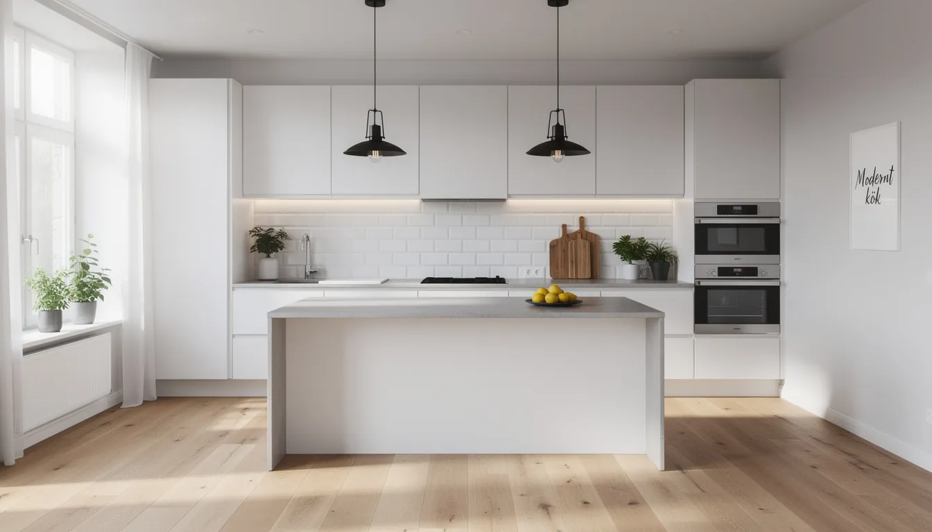 Bildens alt-text beskriver ett modernt kök med ljusa ytor och stiliga inredningsdetaljer. Rummet har genomtänkt belysning och en harmonisk färgpalett som skapar en välkomnande atmosfär i hemmet.