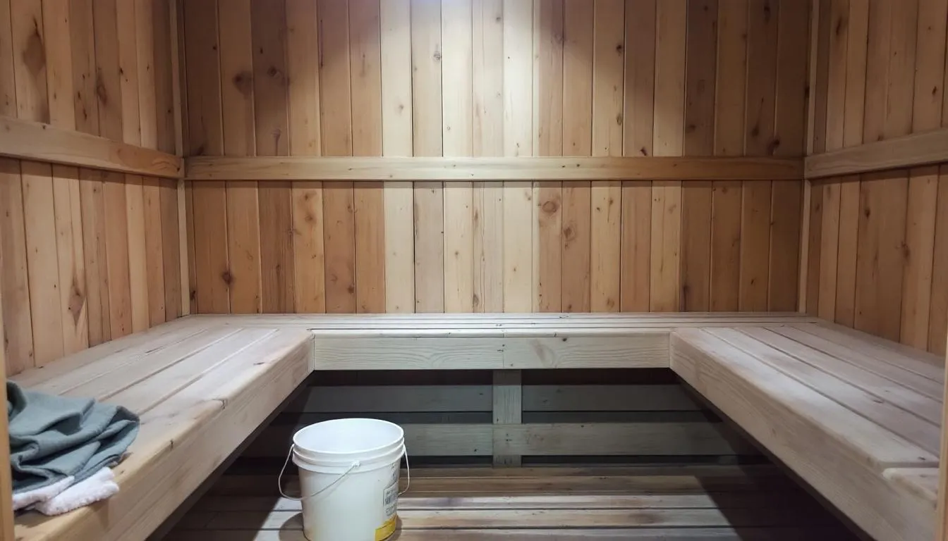 The image depicts a sauna room undergoing deep cleaning, showcasing wooden benches and walls being scrubbed with a hand brush. A water bucket filled with warm water and a liquid deodorizing cleaner is nearby, emphasizing the importance of sauna maintenance in keeping the unit in top shape and free from sweat stains and mold.