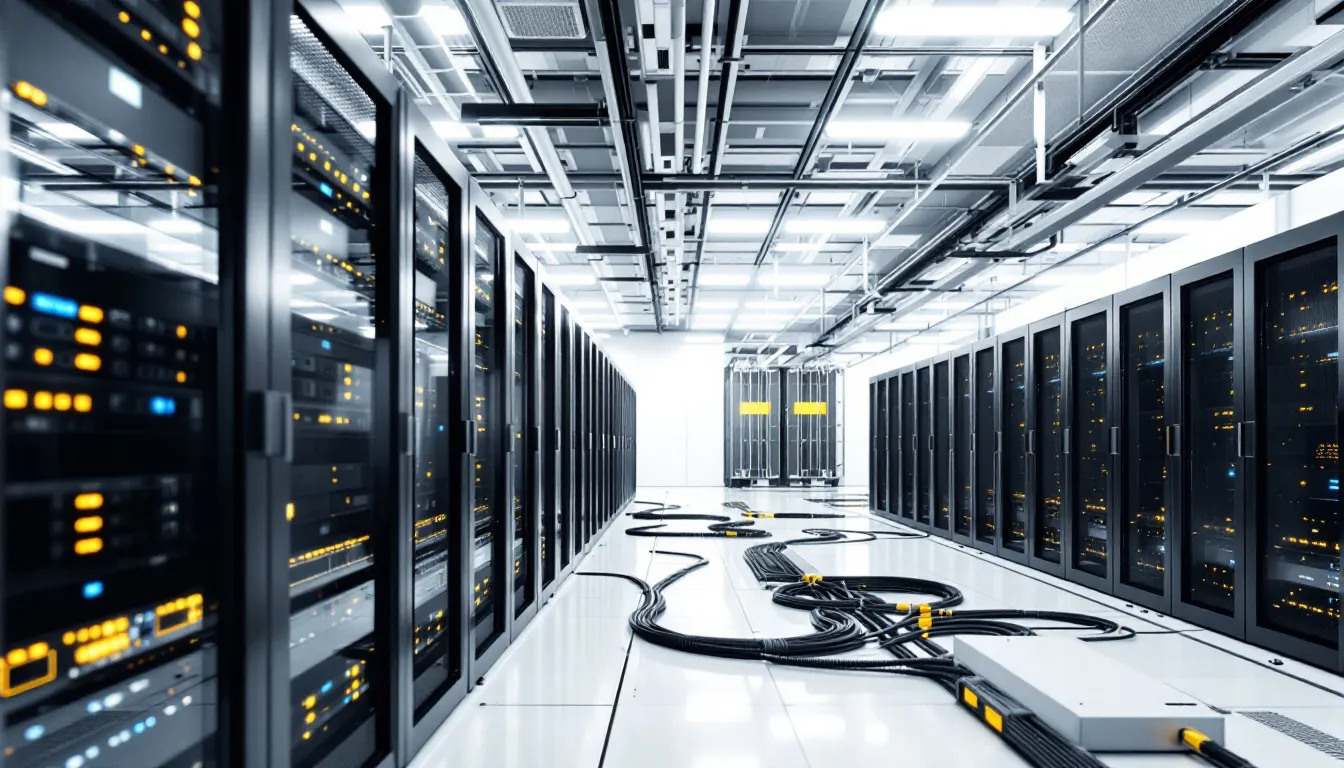 A well-organized data center infrastructure features multiple server racks neatly arranged with effective cable management, illustrating the importance of data management and scalability in modern technology solutions. This setup supports various processes such as data virtualization and testing, ensuring security and efficiency for organizations.