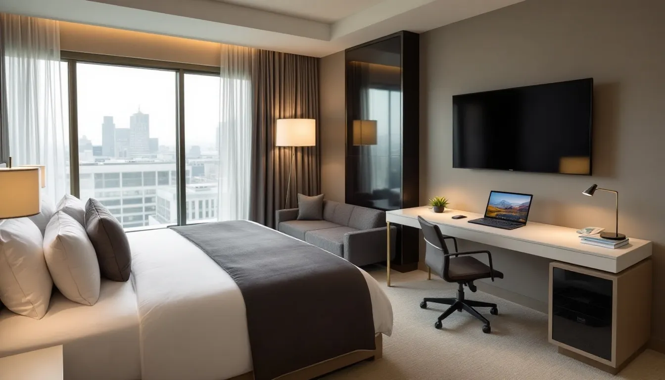 A luxurious hotel room designed for comfort, featuring premium bedding, a dedicated workspace with modern technology, and thoughtful room amenities that enhance the guest experience. This inviting space encourages guests to relax and enjoy their stay, offering desirable features like free Wi-Fi and in-room workout options.
