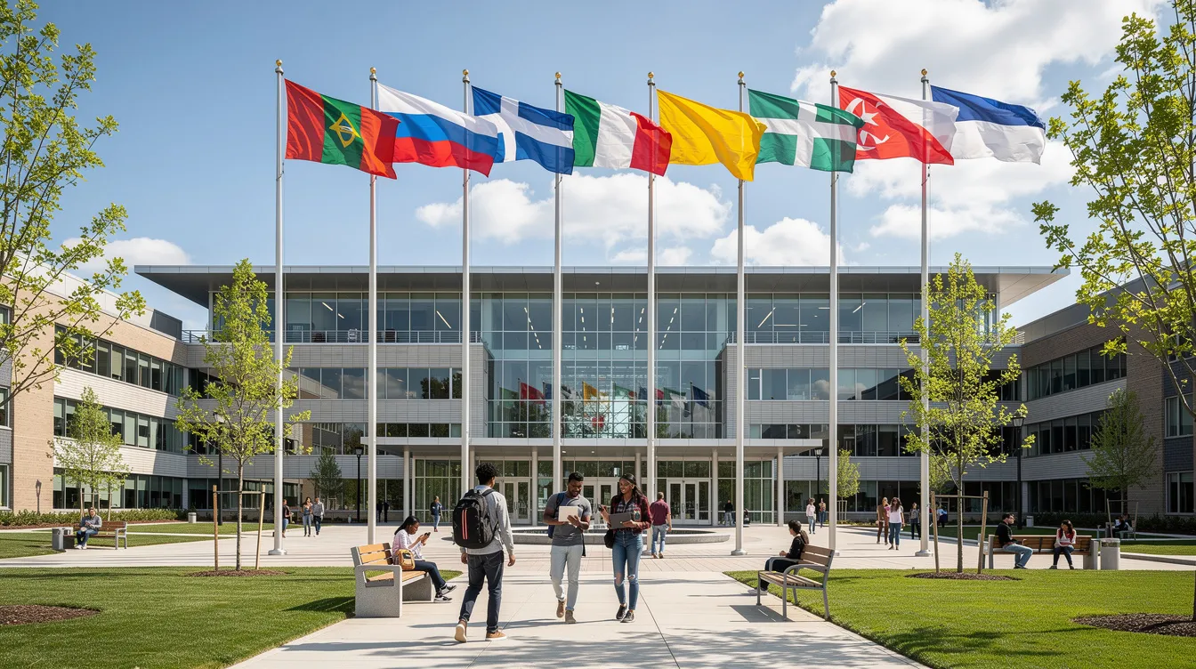 The image depicts a modern university campus building adorned with various international flags fluttering in the breeze, symbolizing the diversity of international students studying in the UK. This vibrant setting highlights the importance of obtaining a valid student visa, such as the tier 4 visa, for those intending to pursue their education in a foreign country.