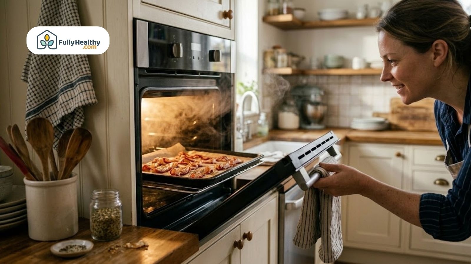 Person checking bacon cooking in oven tray.