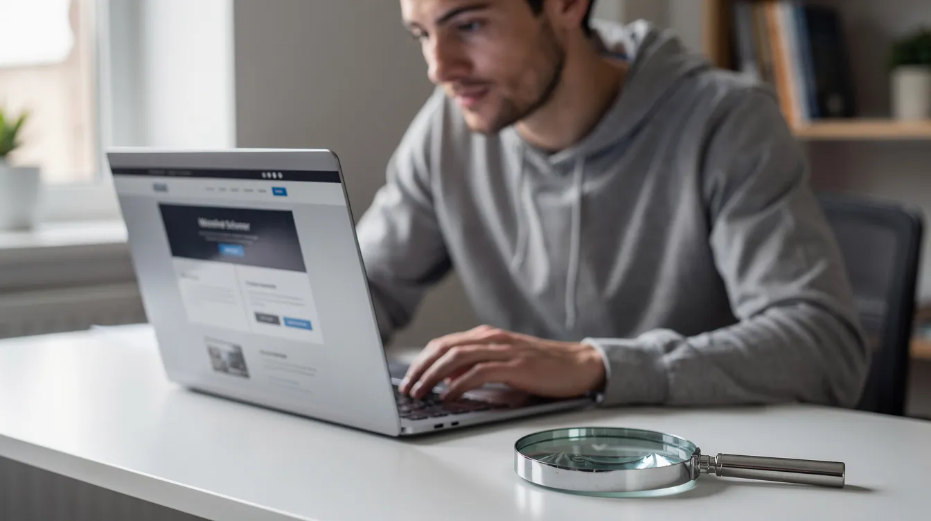 9ea06437 d05f 4693 a7a2 231e6929b245 The image shows a person intently examining a website on their laptop, with a magnifying glass placed nearby, suggesting they are looking for information about eligibility criteria for mudra loans or financial assistance from a bank or financial institution. This scene highlights the importance of understanding the necessary skills and requirements for individual borrowers interested in applying for loans to support their micro enterprises.