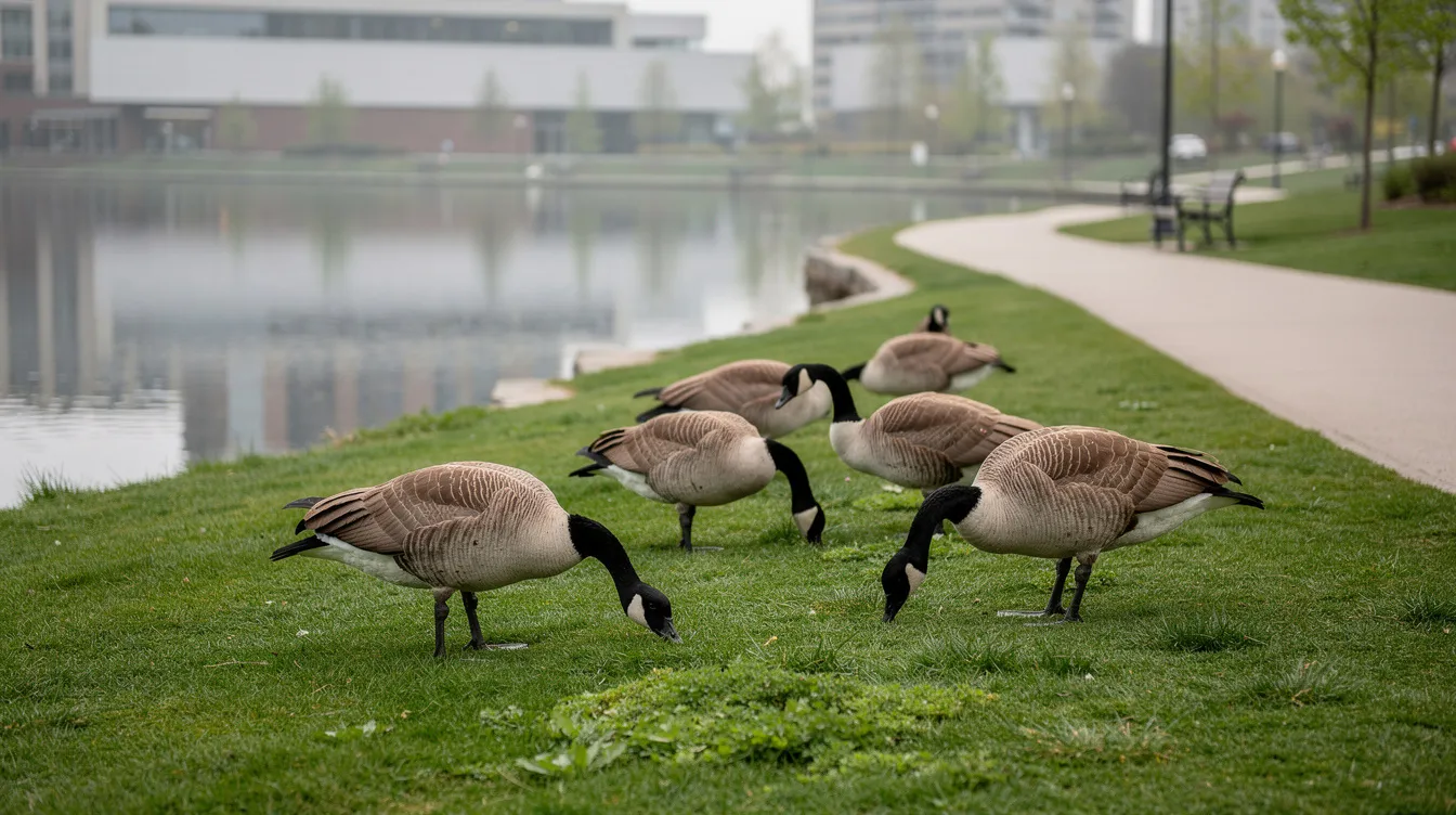 A group of adult Canada geese grazes on a lush, green lawn beside a tranquil urban pond, with a paved walking path visible in the background. These migratory birds are often found in urban and suburban areas, where their presence can lead to concerns such as goose droppings and potential conflicts with human activities.
