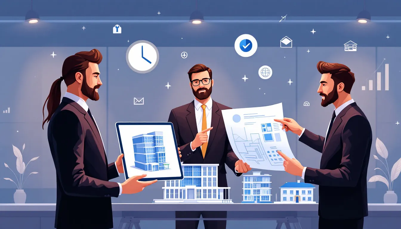 A scene depicting real estate investors evaluating properties for investment.